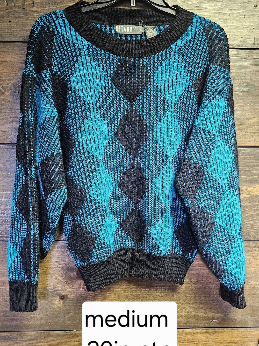 Gitano Teal and Black Argyle Knit Crewneck Sweater Mens Medium